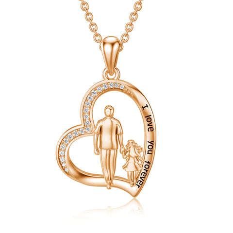 10K 14K 18K Gold Father Daughter Heart Pendant Necklace