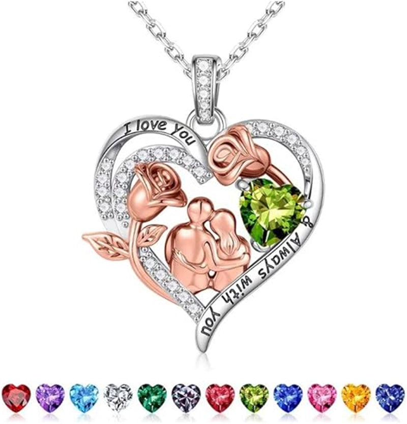 Sterling Silver Heart Birthstone Couple Hugging Necklace for Women Valentine's Day Gift