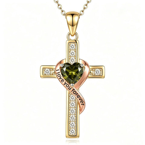 14K Gold Plated  Birthstone Cross Necklace Engraved I Love You Forever