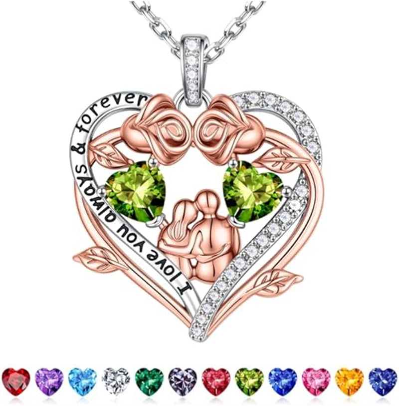 Sterling Silver Heart Birthstone Couple Hugging Necklace for Women Valentine's Day Gift