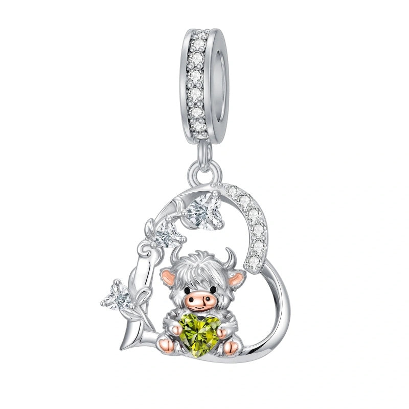 Sterling Silver 12 Month Birthstone Highland Cow Charm Beads
