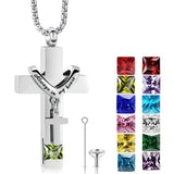 Stainless Steel Birthstones Urn Necklaces for Ashes Cross Cremation Pendant for Men Women Memorial Keepsake Jewelry