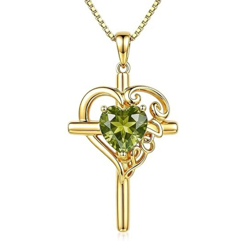 14K Gold  Plated Heart Shape Birthstone  Love Cross Necklace for Women Religious Jewelry