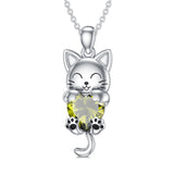 Sterling Silver Heart Birthstone Cat Pendant Necklace