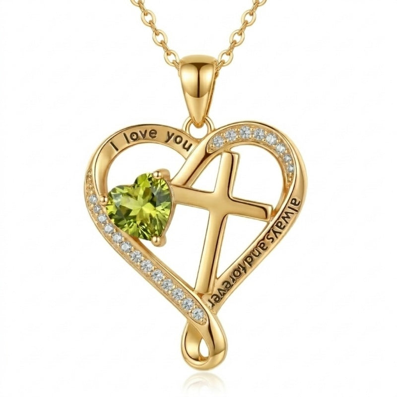 14K Gold Plated Heart  Birthstone Cross Necklace Engraved with I Love You Always and Forever