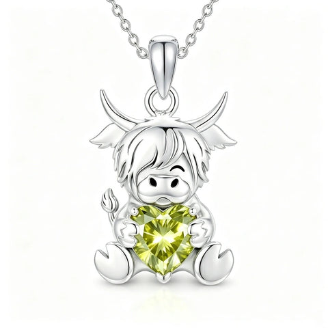 Sterling Silver Birthstone Highland Cow Pendant Necklace Birthday Christmas Gift
