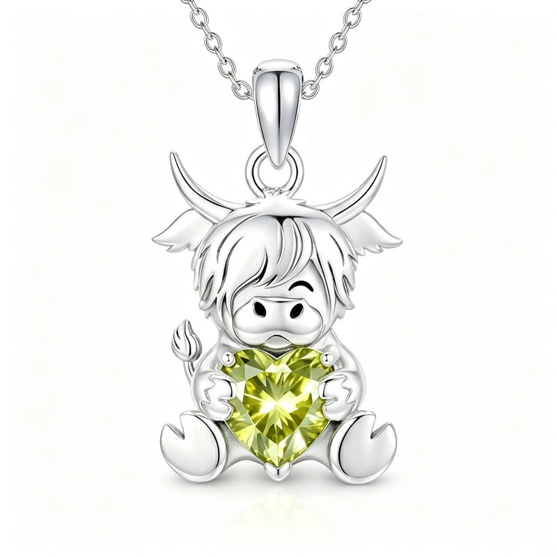 Sterling Silver Birthstone Highland Cow Pendant Necklace Birthday Christmas Gift