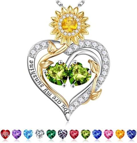 Sterling Silver Double Heart Birthstone Sunflower Necklace Engraved with You Are My Sunshine