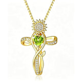 14K  Gold Plated 12 Color Birthstone Sunflower Cross Pendant  Necklace for Women Faith Cross Jewelry