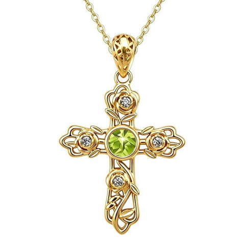 14K Gold Plated Round Cubic Zirconia Filigree Rose Cross Necklace for Women