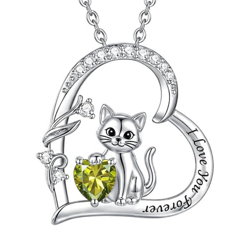 Sterling Silver Birthstone Cat Pendant Necklace Jewelry Christmas Birthday Gifts for Women
