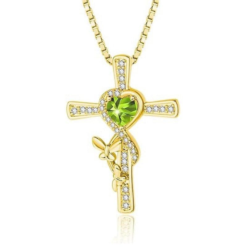 14K Gold Plated Birthstone Butterfly  Cross Pendant Necklace Anniversary Birthday for Her