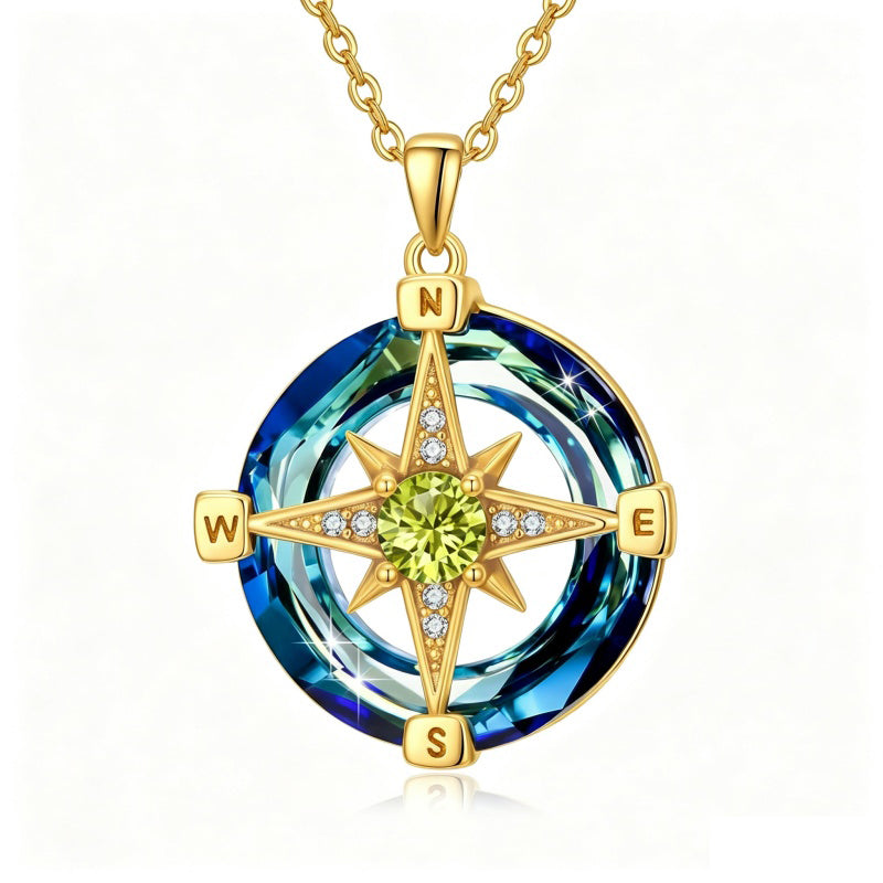 14K Gold Plated Crystal Compass Pendant Necklace Graduation Jewelry Inspirational Travel Valentine's Day Gift