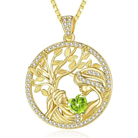 14K Gold Plated Birthstone Tree of Life Mother Child Necklace for Women