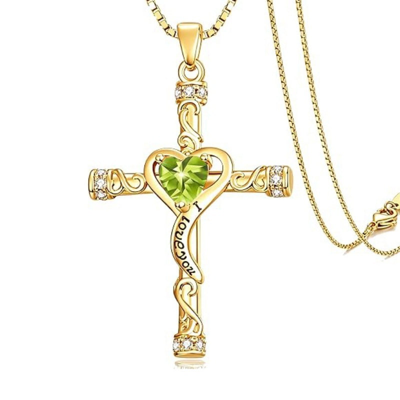 14K Gold Plated Heart Cut Cubic Zirconia Cross  Pendant Necklace For Women Religious Faith Jewelry