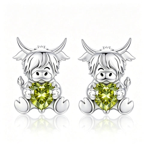 Sterling Silver 12 Month Birthstone Highland Cow Stud Earrings Christmas Gift