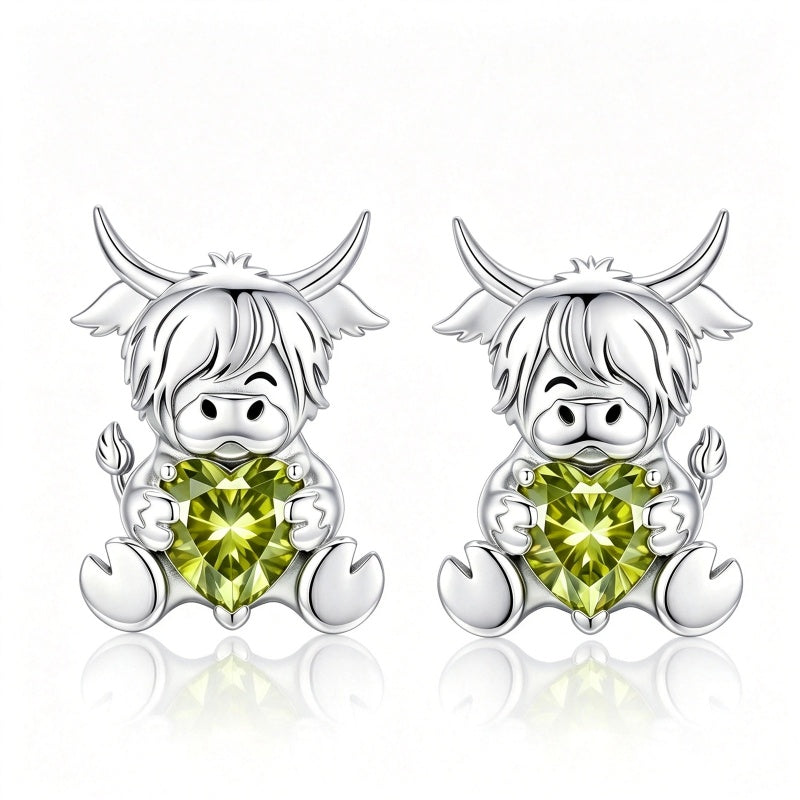 Sterling Silver 12 Month Birthstone Highland Cow Stud Earrings Christmas Gift