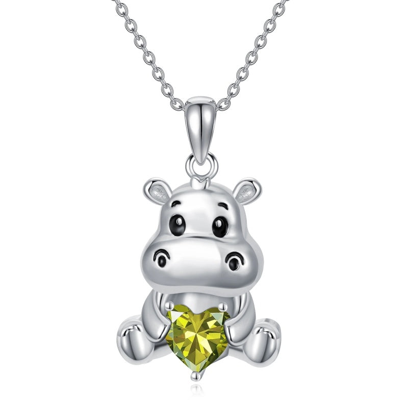 Sterling Silver Birthstone Hippo Pendant Necklace Birthday Christmas Gift