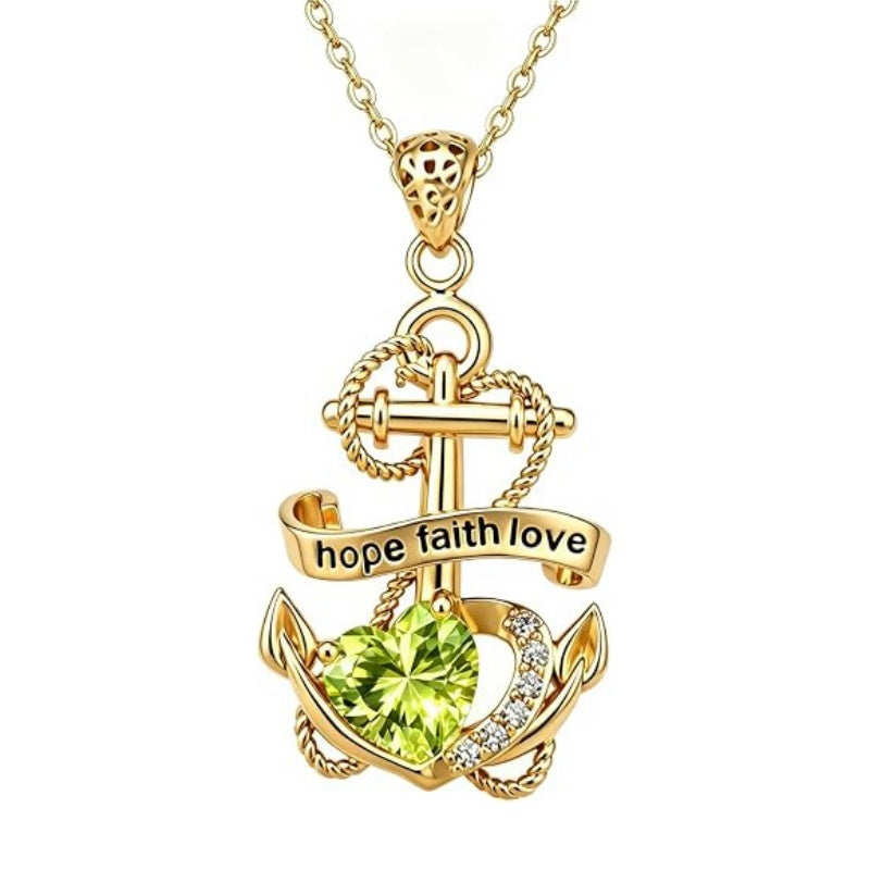 14K Gold Plated Heart Birthstone Anchor Necklace Engraved with Hope Faith Love