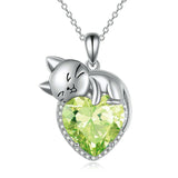 Sterling Silver Heart Birthstone Cat Pendant Necklace