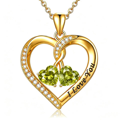 14K Gold Plated Double Heart Birthstone Rose Pendant Necklace for Women