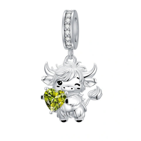 Sterling Silver 12 Month Birthstone Highland Cow Charm Beads