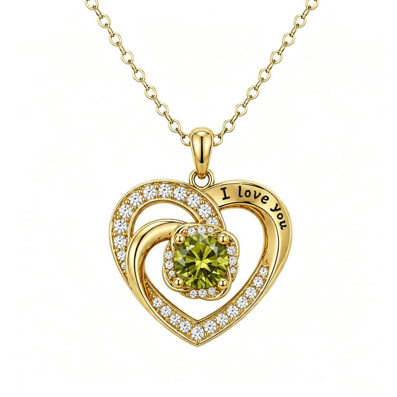 14K Gold Plated  Birthstone Heart Pendant  Necklace for Women Engraved with  I Love You