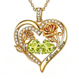 14K Gold Plated Double Heart Birthstone Rose Pendant Necklace for Women