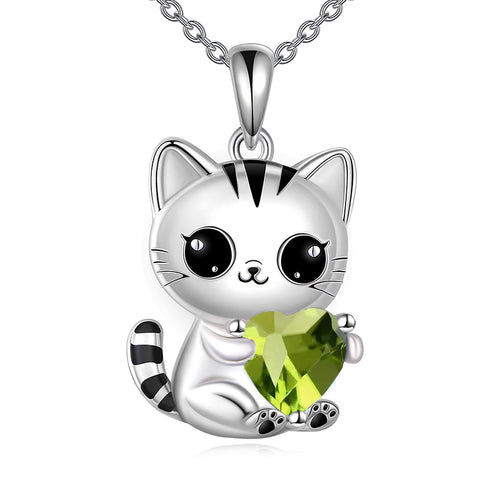 Silver Cat 12 Month Birthstone Pendant Necklace