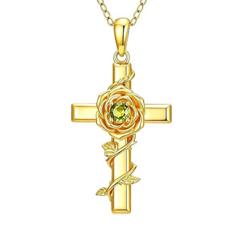 Birthstone Cross 14K Gold Plated Pendant Rose Cross Necklace for Women
