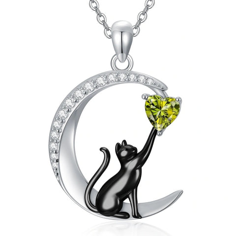 Sterling Silver Heart Birthstone Cat Pendant Necklace