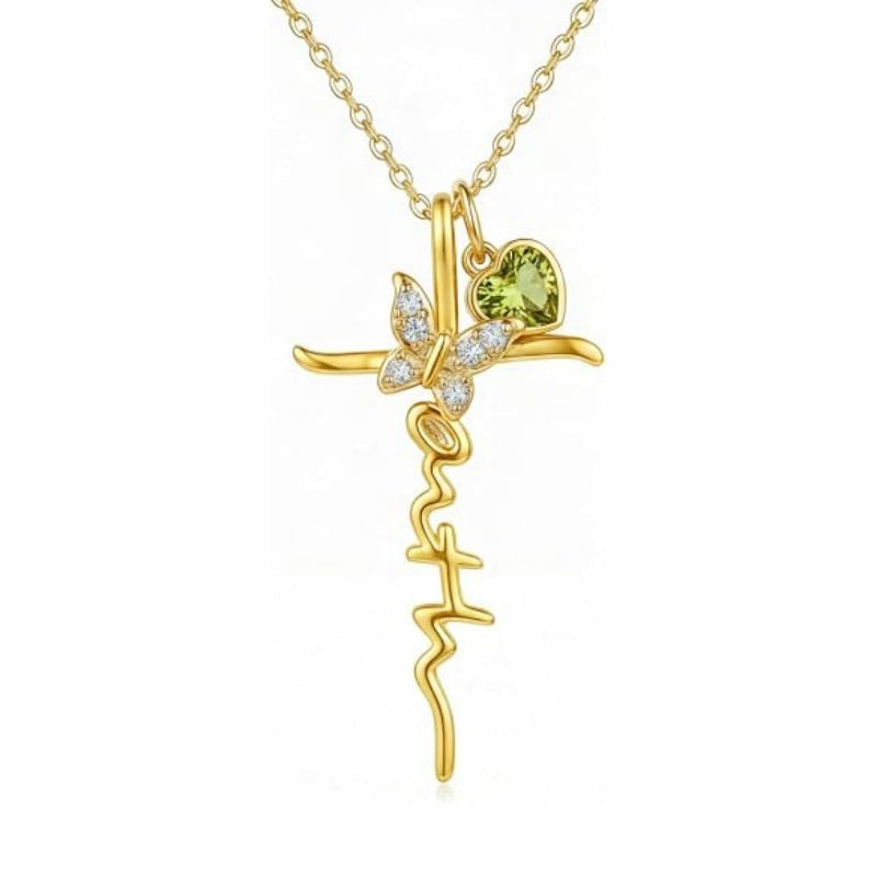 14K Gold Plated  Birthstone  Cross Butterfly Necklace for Women