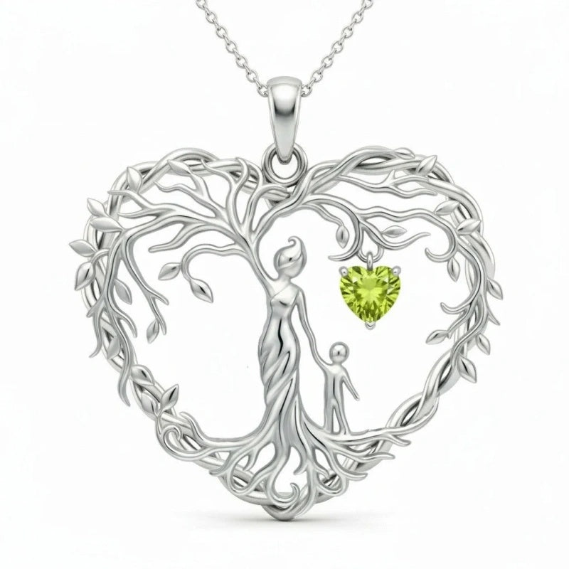 Sterling Silver Heart Pendant Birthstone Tree of Life Mother Child Family Necklace