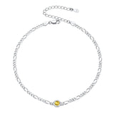 Figaro Anklets for Women, Sterling Silver Diamond Cut 3mm Link Chain Ankle Bracelet with Round Birthstone, Length 8.5"-10.5"