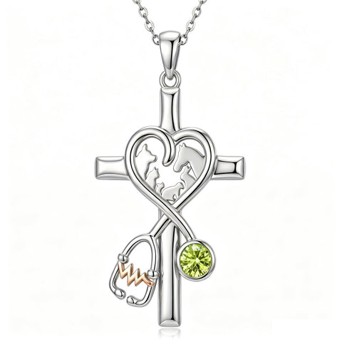 14K Gold Plated  Birthstone Stethoscope Cross Necklace Graduation Gifts for Women RN