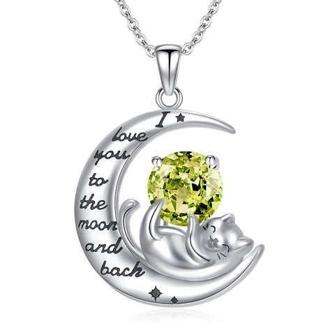 Silver Cat 12 Month Birthstone Pendant Necklace