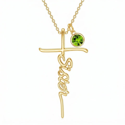 14K Gold Plated Birthstone Sister Cross  Pendant Necklace