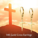 14K Solid Gold Cross Dangle Drop Leverback Earrings Jewelry for Women