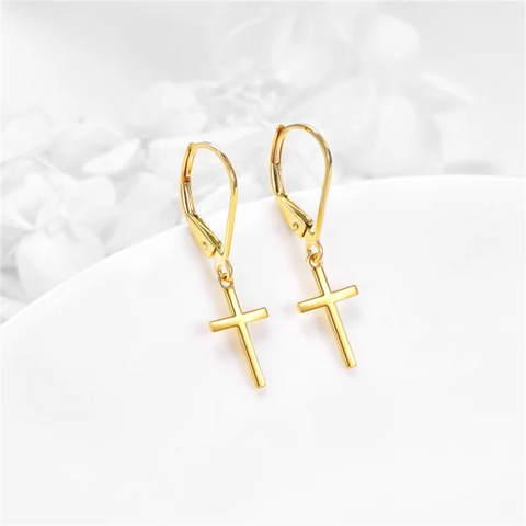 14K Gold Cross Leverback Earrings