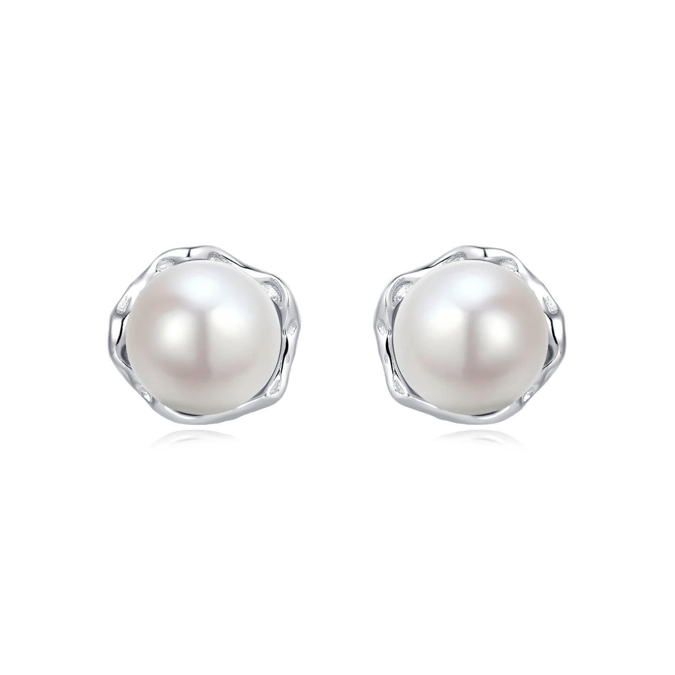 925 Sterling Silver Elegant Pearl Stud Earrings In Silver Floral Setting