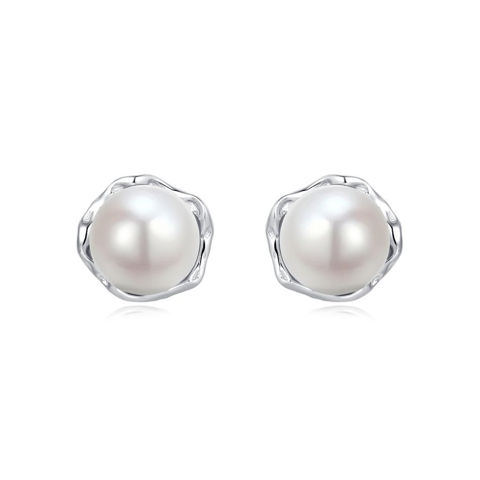 925 Sterling Silver Elegant Pearl Stud Earrings In Silver Floral Setting