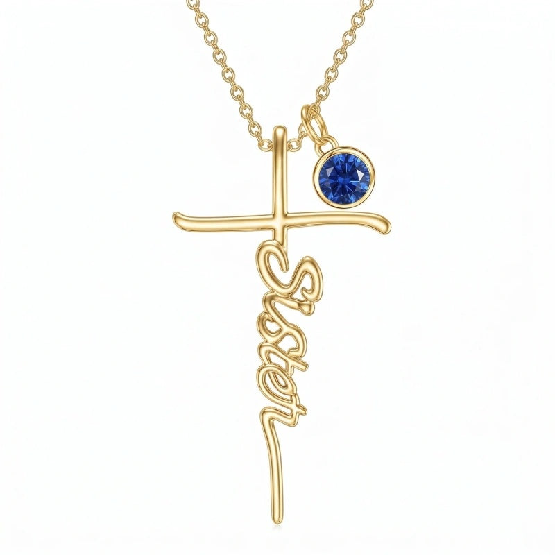 14K Gold Plated Birthstone Sister Cross  Pendant Necklace