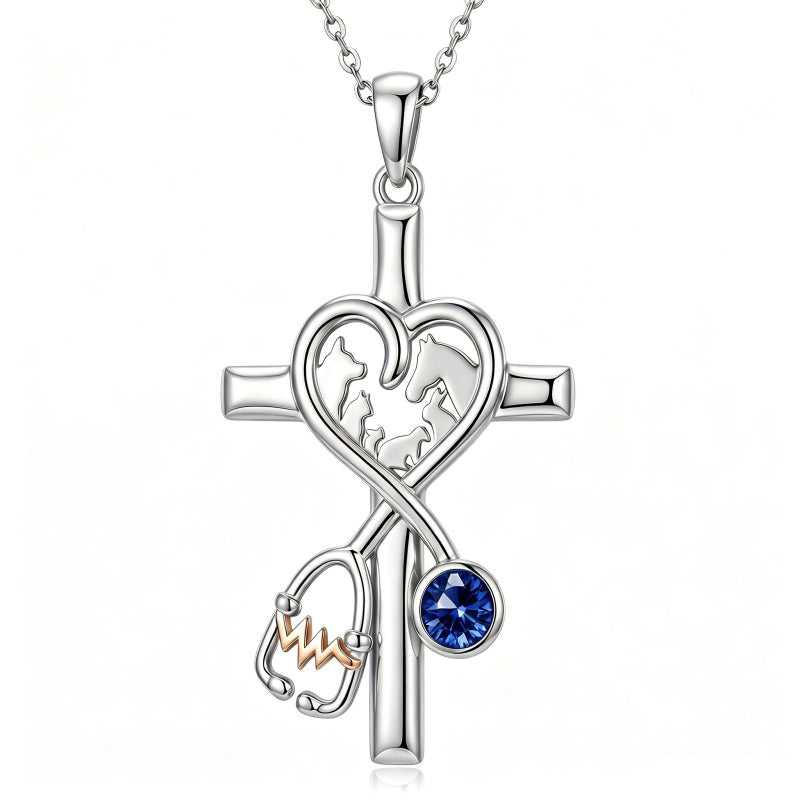 14K Gold Plated  Birthstone Stethoscope Cross Necklace Graduation Gifts for Women RN