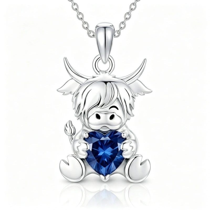 Sterling Silver Birthstone Highland Cow Pendant Necklace Birthday Christmas Gift