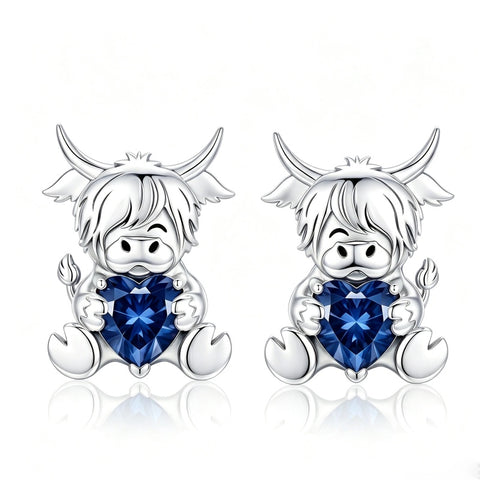 Sterling Silver 12 Month Birthstone Highland Cow Stud Earrings Christmas Gift