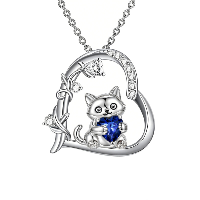 Sterling Silver Birthstone  Cat Pendant Necklace for Women