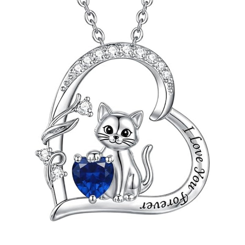 Sterling Silver Birthstone Cat Pendant Necklace Jewelry Christmas Birthday Gifts for Women