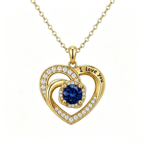 14K Gold Plated  Birthstone Heart Pendant  Necklace for Women Engraved with  I Love You