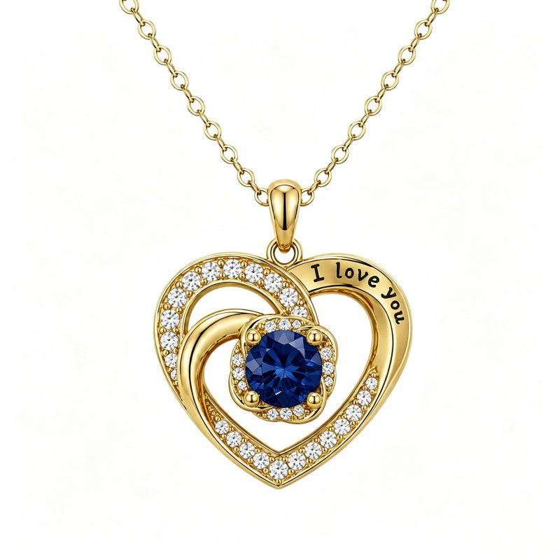14K Gold Plated  Birthstone Heart Pendant  Necklace for Women Engraved with  I Love You