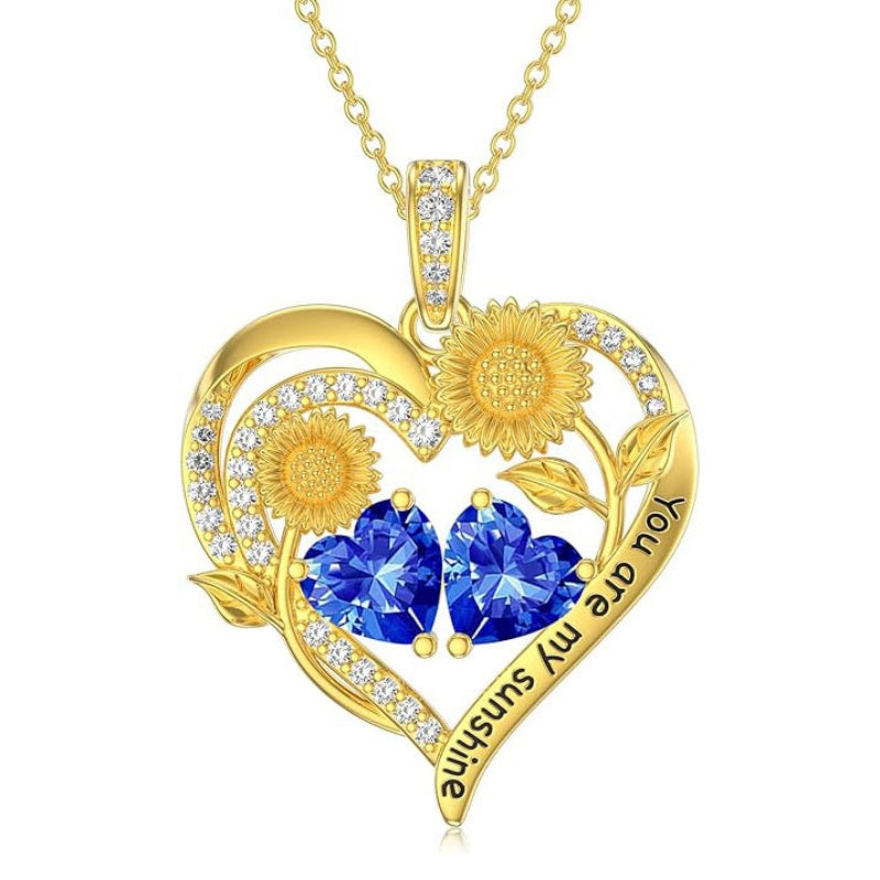 Double Birthstone Necklace 14K Gold Plated You Are My Sunshine Sunflower Necklace Heart Pendant Necklace